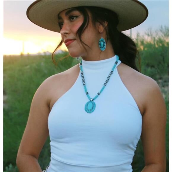 Western Jewelry Set for Women Cowgirl Necklace Earrings Turquoise Concho Style - Picture 3 of 7